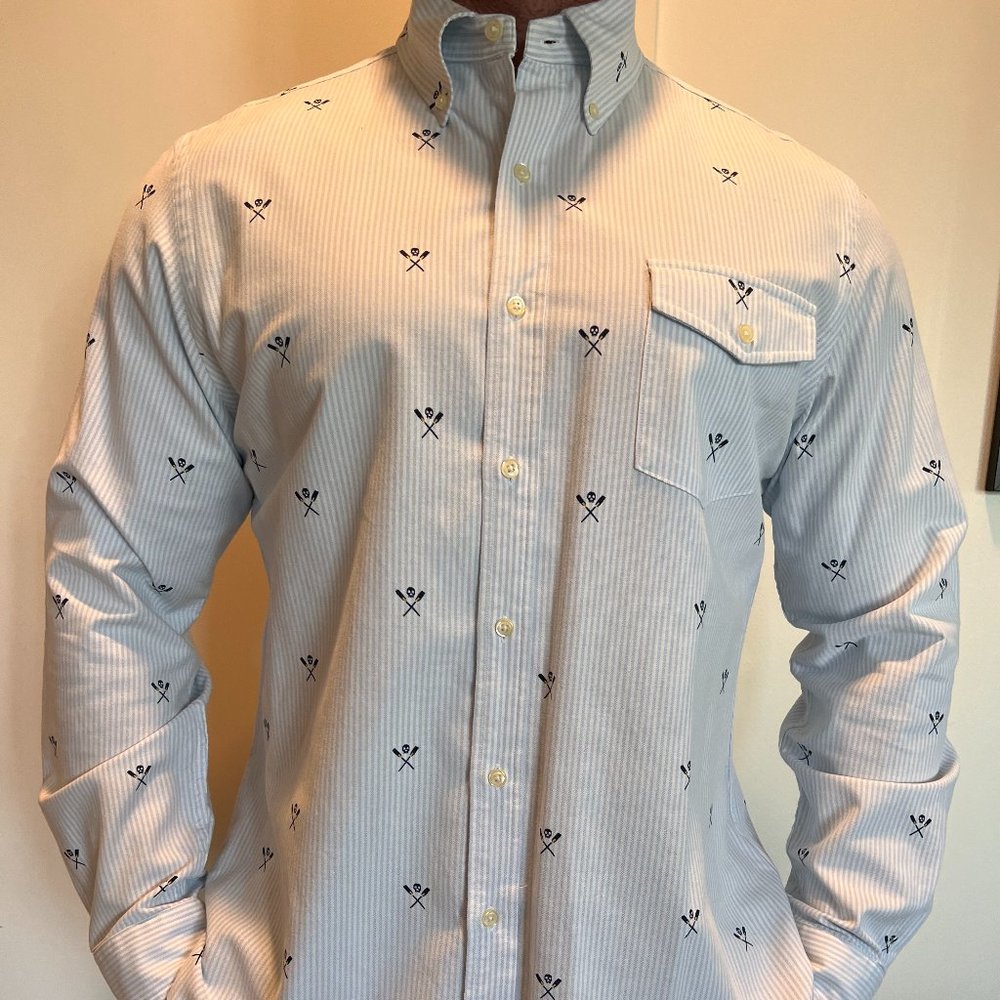 NEW - Ralph Lauren Button Down - Blue Stripe with Skull/Oars Design - Size  XL